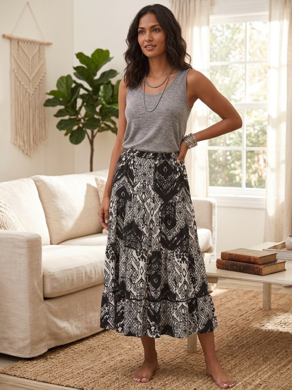 Notations Ikat Geometric Tiered Midi Skirt Black White Rayon Boho Medium M